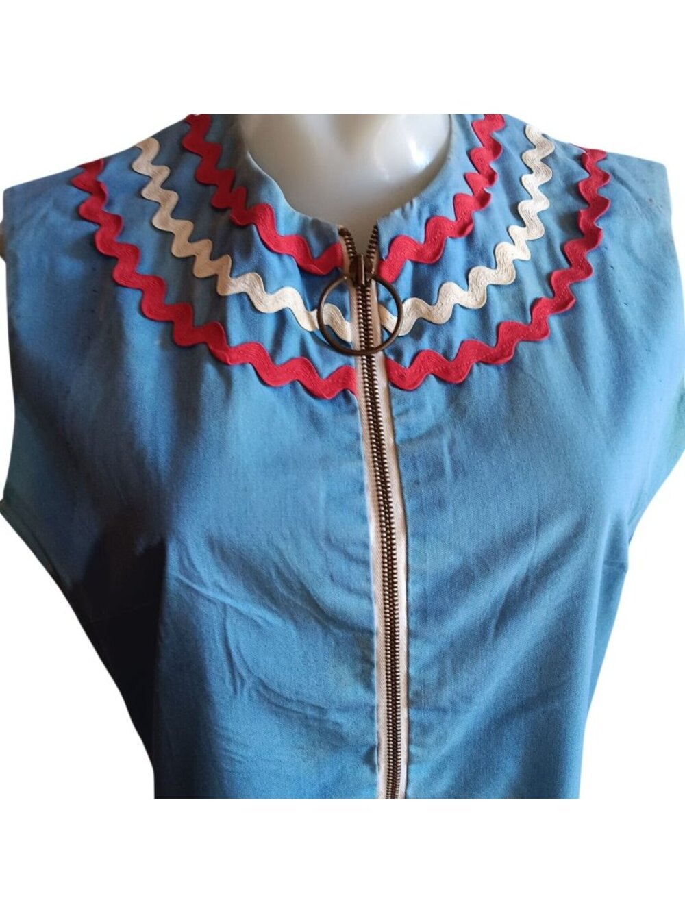 True Vintage Dress 1Of1 Medium 1960s Blue House Ric Rac Trim Ring Zipper Pockets